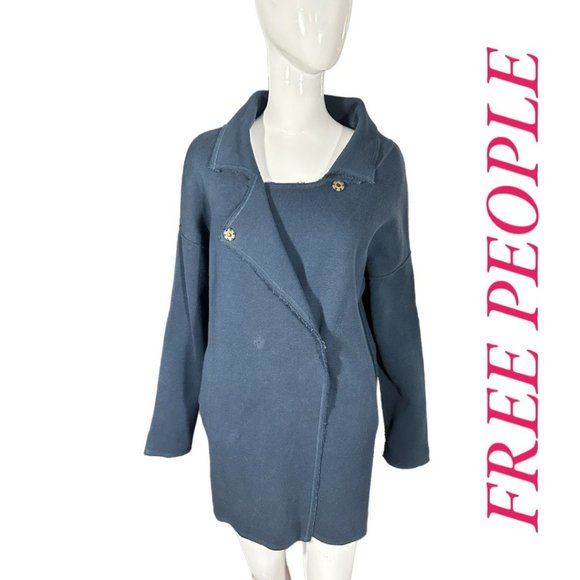 Free People Jackets & Blazers - FREE PEOPLE NAVY DOUBLE BREASTED SWEATER JACKET (SZ L /OVERSIZED) (VGUC)